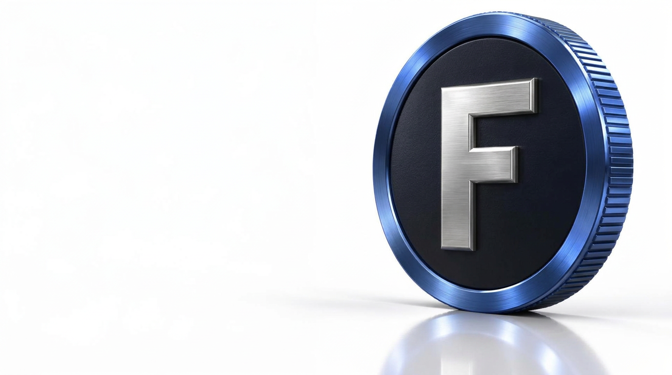 Blue Fiatless Pad F coin in a white studio